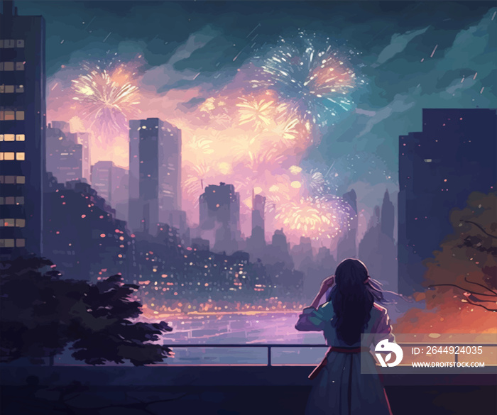 anime girl watching fireworks from a far