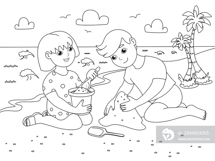 Children play on the sand beach. Holidays at sea. Children coloring. Black lines, white background. Cartoon raster