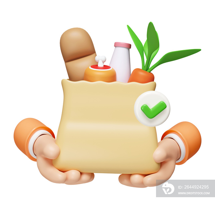 3d hand hold bag with food and correct mark . food delivery successfully. icon isolated on white background. 3d rendering illustration. Clipping path.