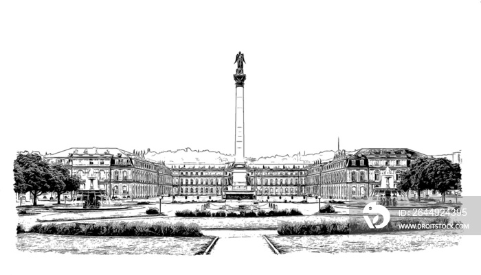 New Palace (Neues Schloss), an 18th-century Baroque palace in Stuttgart, Germany, ink sketch illustration.