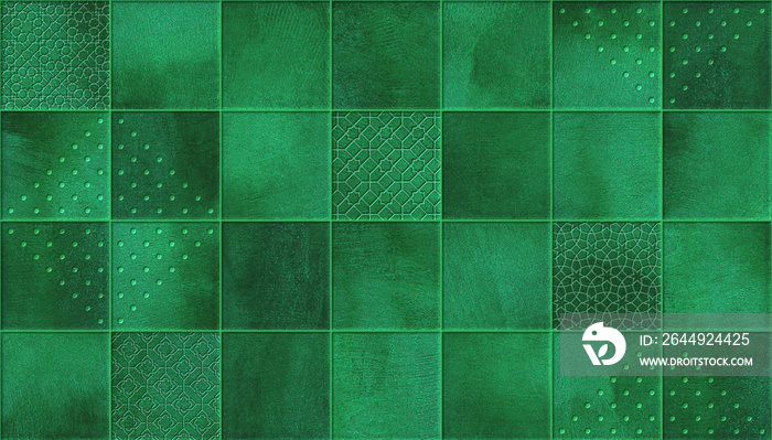 Digital wall tile design for washroom and kitchen. Green tiles with ornaments.