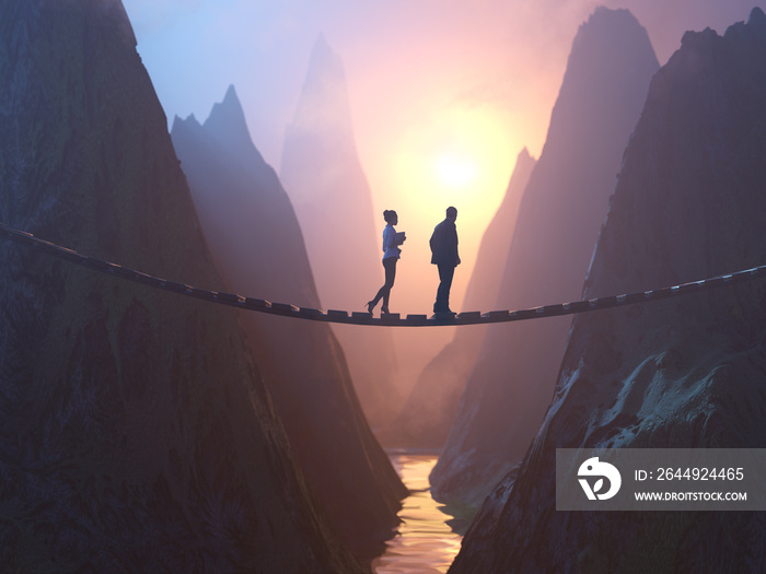 two people walking on the bridge