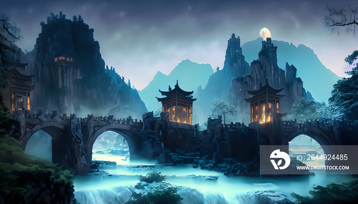 view of castle,castle in the night,old castle in the woods,Cyberpunk style Song Dynasty town, photorealistic, quiet river, dilapidated stone bridge, distant mountains, Tianmen mountain scenery