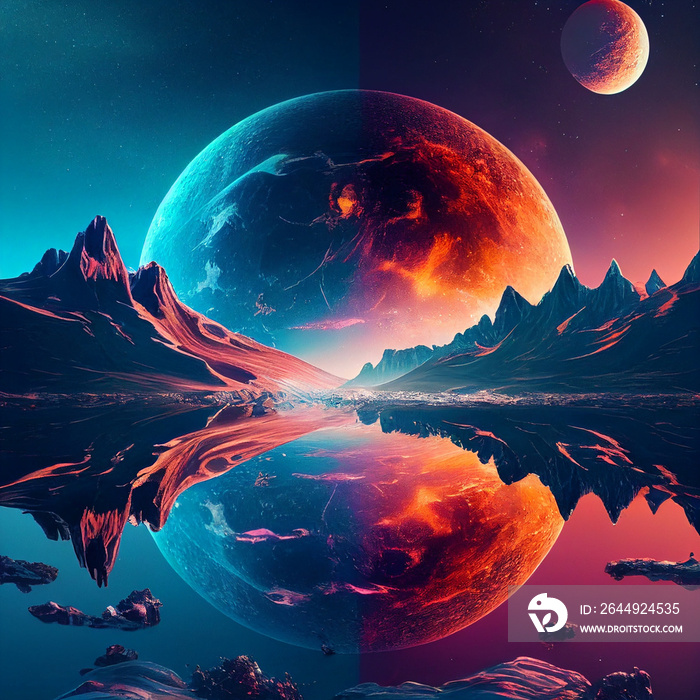 A Moonlight Mirage - A Beautiful Artwork of a Sea/Lake with Mountains and a Super Big Moon in Orange and Blue/Teal Night Colors