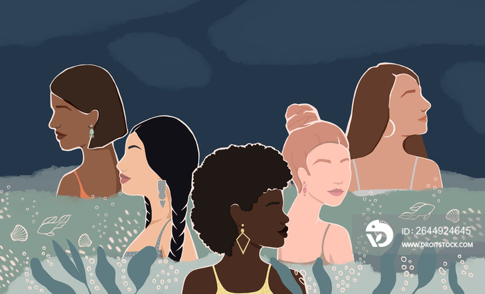 diverse multi-ethnic women together in the waves of the sea at night. fantasy abstraction flat illustration. for poster, postcard, banner, magazine cover.