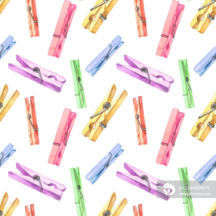 Watercolor silhouettes of clothespins isolated multicolored seamless pattern