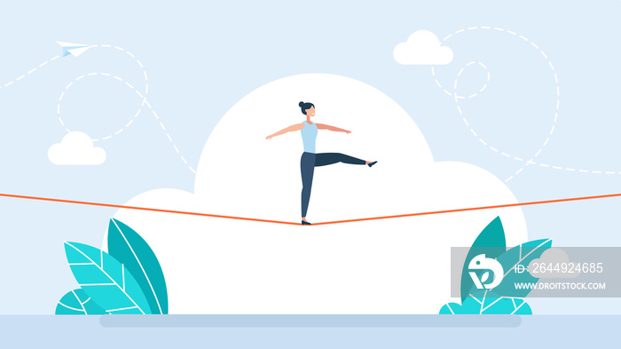 Business risk and professional strategy concept. Woman walking on balancing slackline rope. Conquering adversity problems solution. Businesswoman walking on a rope. Flat style. Illustration