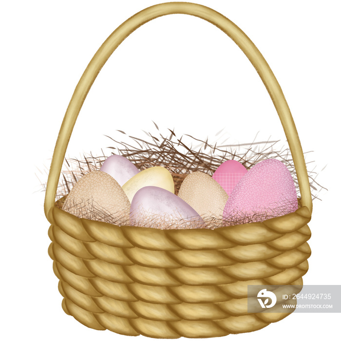 Watercolor easter eggs in a basket. Easter day element. Holiday clipart,Happy Easter.