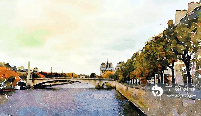 Notre Dame cathedral seen from the bridges over the Seine in Paris in autumn