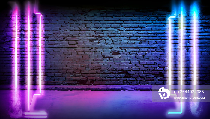 Modern futuristic neon lights on old grunge brick wall room background, wallpaper background