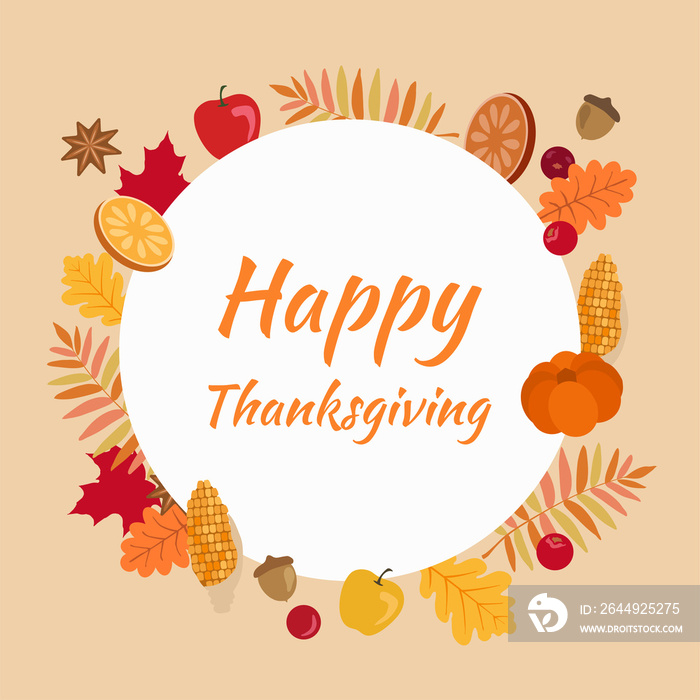 Thanksgiving greeting card template with autumn elements.