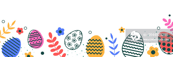 Easter eggs and flowers on transparent background. Modern cartoon style. Panoramic header. PNG illustration