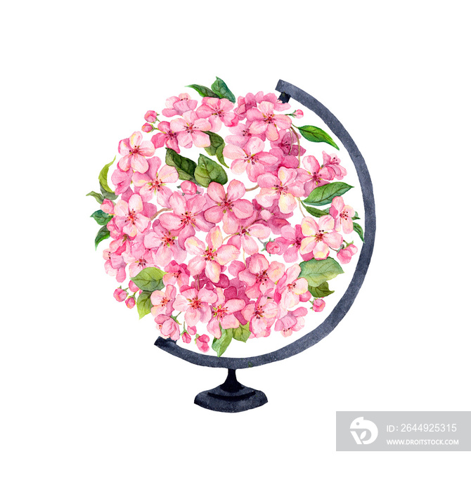 Pink flowers in world globe. Vintage spring floral ball. Watercolor for Earth day or hour - beautiful flowering planet