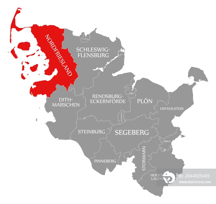 Nordfriesland red highlighted in map of Schleswig Holstein Germany