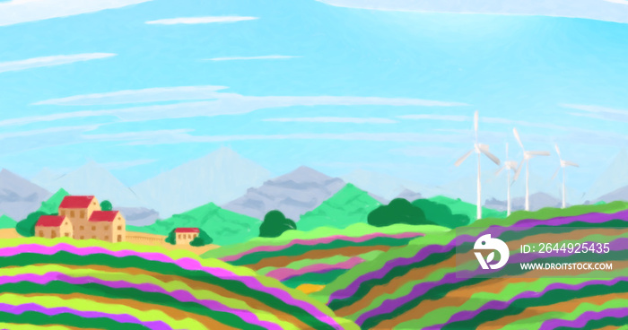 Illustration with pastoral suburban scenery. Fields with vineyards in the Mediterranean countryside. Red wine production in Europe. Digital drawing.