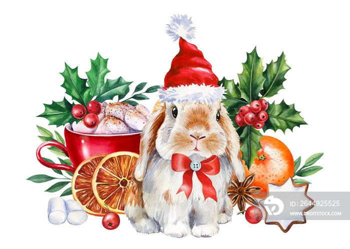 Cute bunny and sweets, isolated background, watercolor illustration. Design festive projects, Christmas  invitation cards, greeting cards