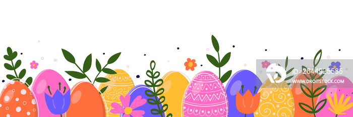 Colourful banner with Easter eggs and flowers on transparent background. Cartoon style Easter design. PNG