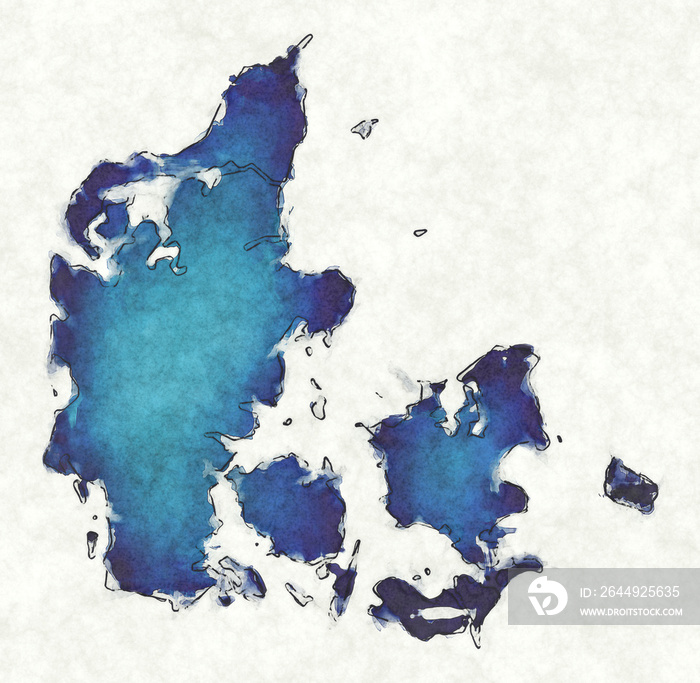 Denmark map with drawn lines and blue watercolor illustration