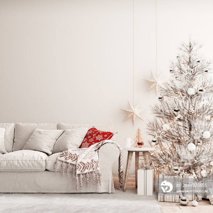 Christmas interior with white Christmas tree and empty white wall background 3D Rendering, 3D Illustration