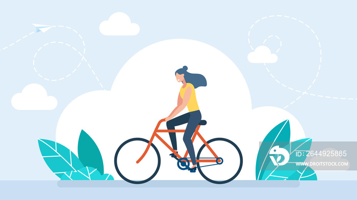 A young woman rides a red bicycle. Bicycle riding girl. Adult woman riding bicycles. Stylish female hipsters on bicycle. Side view. Cool businesswoman riding a bicycle to the office. Flat illustration