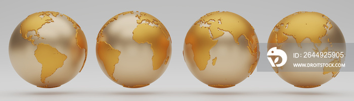 Gold Earth Globes collection in different views on white background. Golden World map. Earth Day. Travel Asia Africa America Europe, infographics concepts. 3d render illustration.