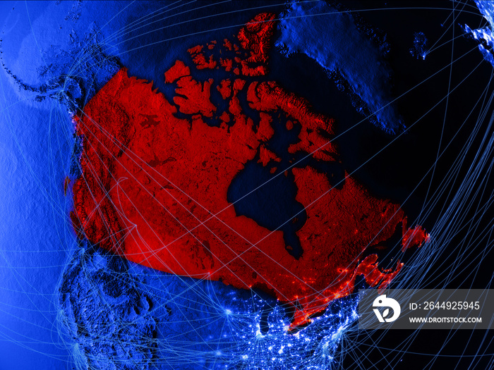 Canada on blue digital map with networks. Concept of international travel, communication and technology.