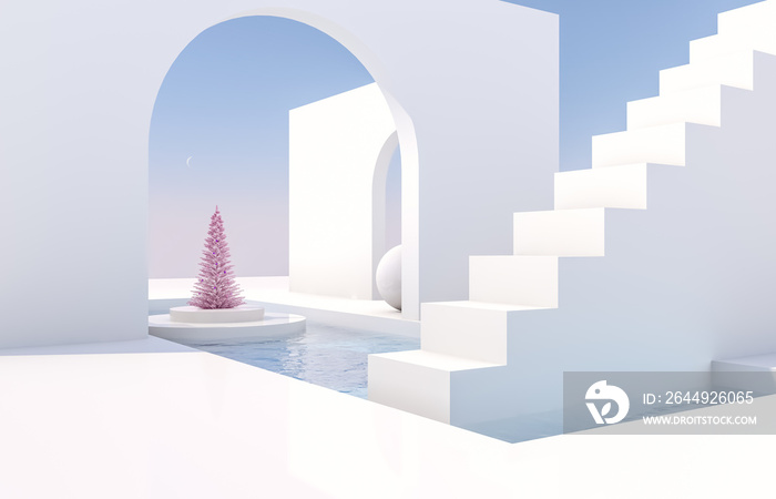 Scene with geometrical forms, arch with a podium in natural day light. minimal landscape with Christmas tree background. 3D render background.