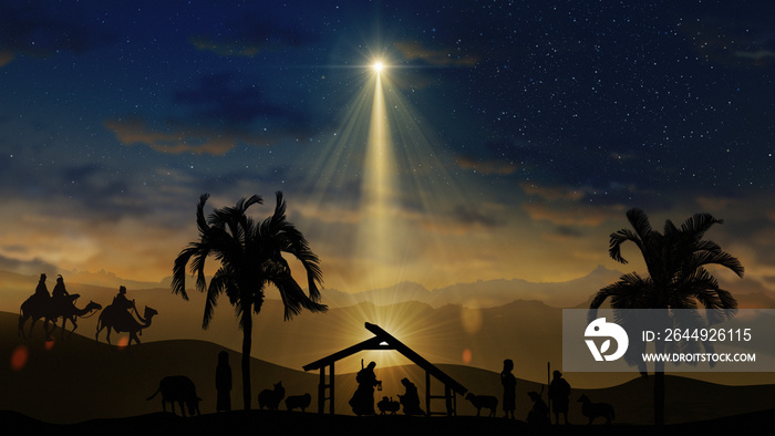 Christmas Nativity Scene with animals and trees on starry sky