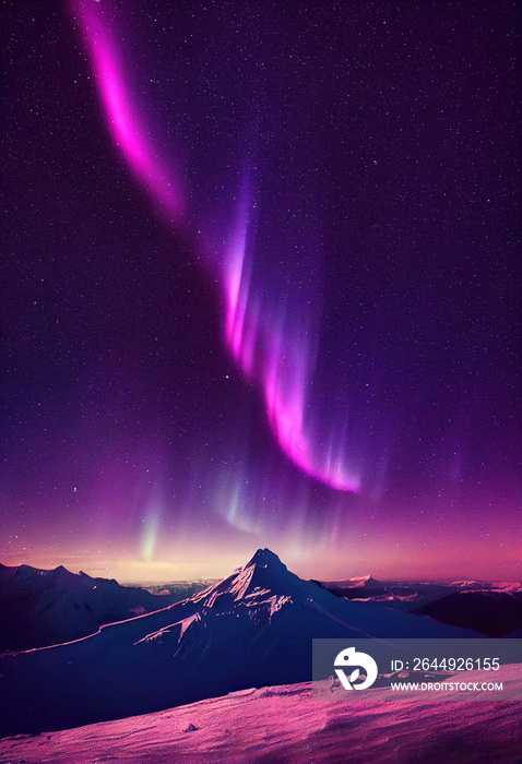 Snow mountains with background of Milky way , Huge aurora hanging in the clean dark purple night sky, sparkling stars as charming as diamonds, towering snow mountains, covered with layers of white sno