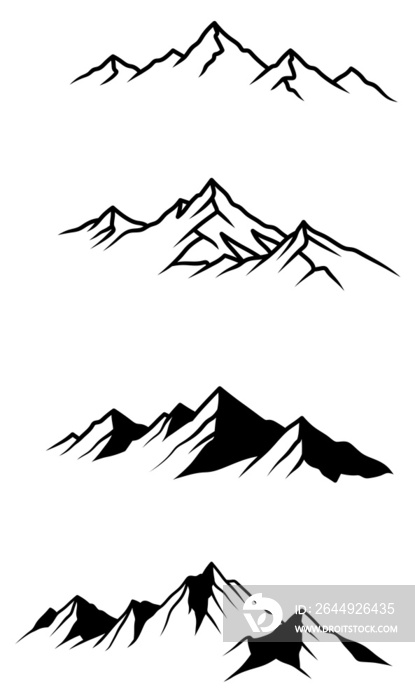 Set of black mountains logos. Drawn mountain peaks. Hiking in the mountains. Minimalistic mountains. Nature.