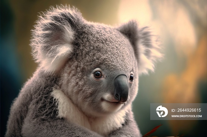 a koala bear with a leaf in its mouth and a blurry background behind it, with a blue sky and clouds in the background, and a yellow sky with a few clouds.