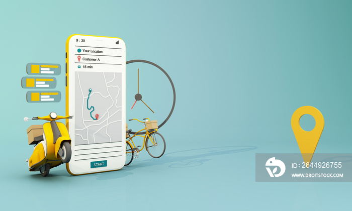 Fast delivery by scooter bike and van with mobile. E-commerce concept. Online food and shopping crate box order with route map. Webpage, app design. yellow and blue background. perspective 3d render