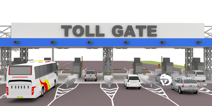 3d illustration toll gate entrance with car and bus transportation white background isolated.