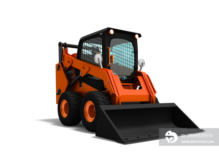 Modern orange mini loader with bucket in front 3d render on white background with shadow