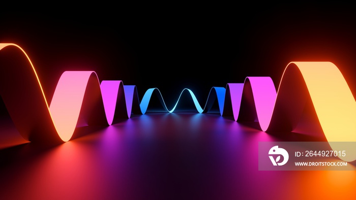 3d rendering, abstract background with wavy colorful ribbon inside the black room