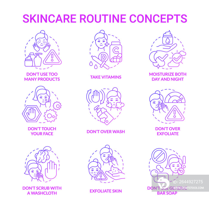 Skincare routine purple gradient concept icons set. Cosmetological procedures for face idea thin line color illustrations. Isolated outline drawings