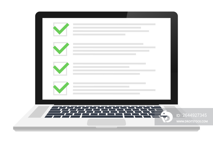 MobileChecklist browser window. Check mark. White tick on laptop screen. Choice, survey concepts.  stock illustration.