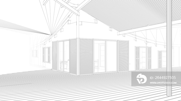 3d render of a modern house with pergolas, sketch