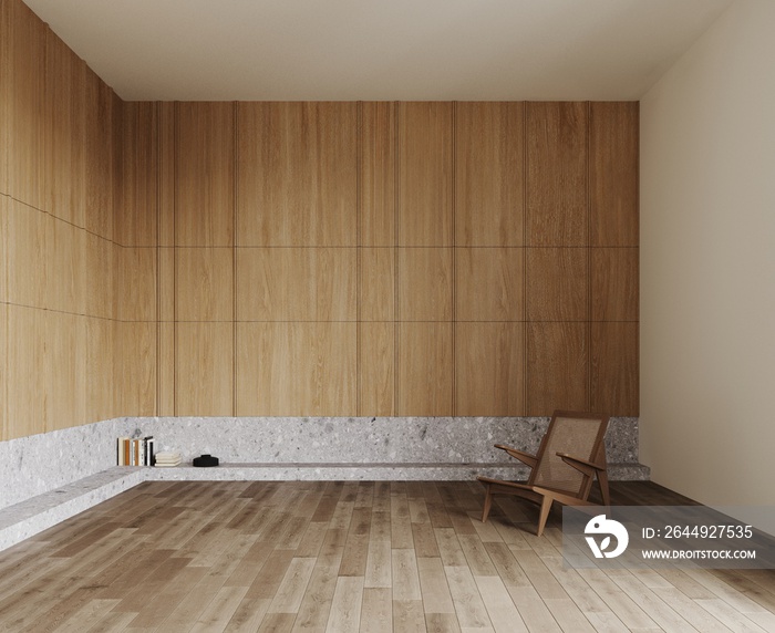 3d rendering of empty living room with wooden chair, decorative terrazzo bookshelf. Decorative wall with embossed wood panels,  wooden parquet floor