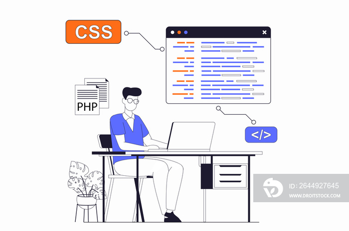 Development and programming concept with people scene in flat outline design. Man writes code and creates programs, fixes bugs and tests. Illustration with line character situation for web