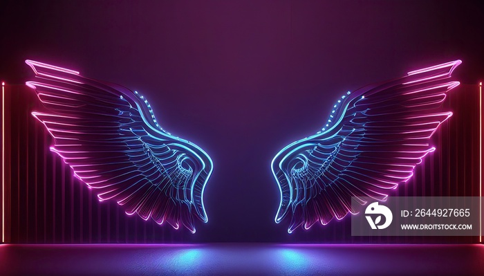 Neon angel wings with pink blue lights, abstract minimalist geometric background, UV spectrum, Cyberspace, futuristic wallpaper