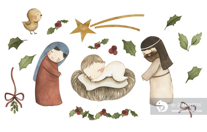 Nativity scene animals watercolor illustration Christmas Art