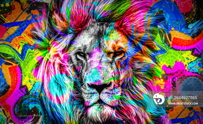 colorful artistic lion muzzle with bright paint splatters on dark background.