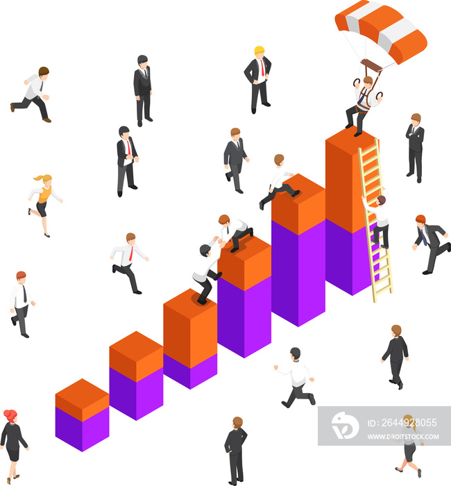 Flat 3d isometric business people competing to reach the top of the graph. Business competition concept.