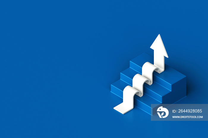 White arrow following the stairs of growth on blue background, 3D arrow climbing up over a staircase , 3d stairs with arrow going upward, 3d rendering