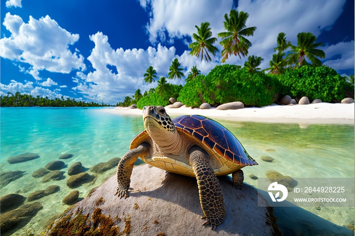 A young turtle walking in the sea beach with island and palm trees.