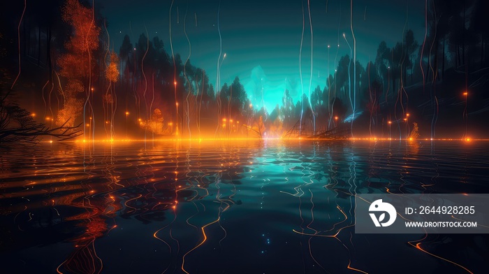 Neon glowing fire in the lake with glowing forest with water inside magical environment,  virtual reality world with Neon 3d Abstract Landscape inside Metaverse world with glowing neon light and glow