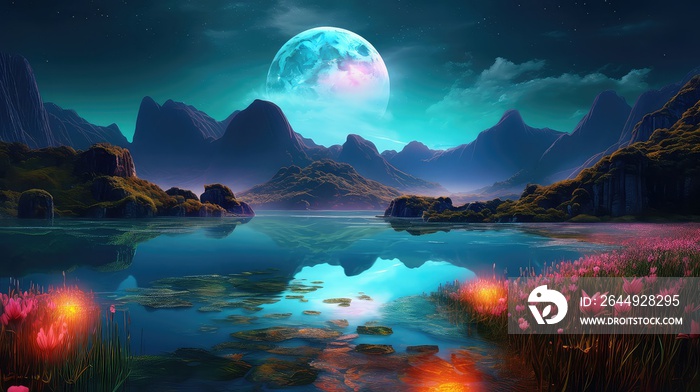 3D Ultra - realistic fantasy, beautiful magic lake, with water lilies, reeds, stone island in the water, full moon, moonlight illuminates the lake, mountains in the background, beautiful landscape