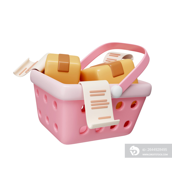 3d Parcel box in shopping basket. delivery and online shopping advertising concept. icon isolated on white background. 3d rendering illustration. Clipping path.