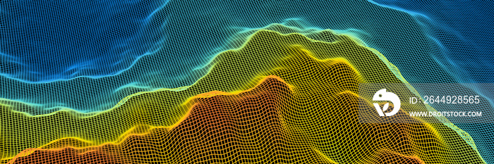 3D rendered topographic  grid wireframe. Gradient island.